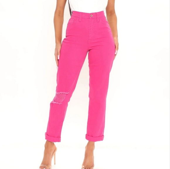 Fashion Nova Denim - Just a Hint Ultra High Rise Roll Cuff Slim Straight in Fuchsia